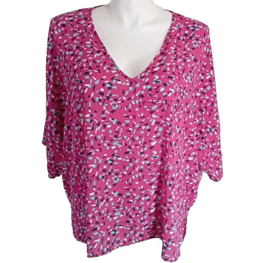 Andre by Unit Blouse Pink Multicolor Confetti Oversize V Neck Flowy SEE MEASURES